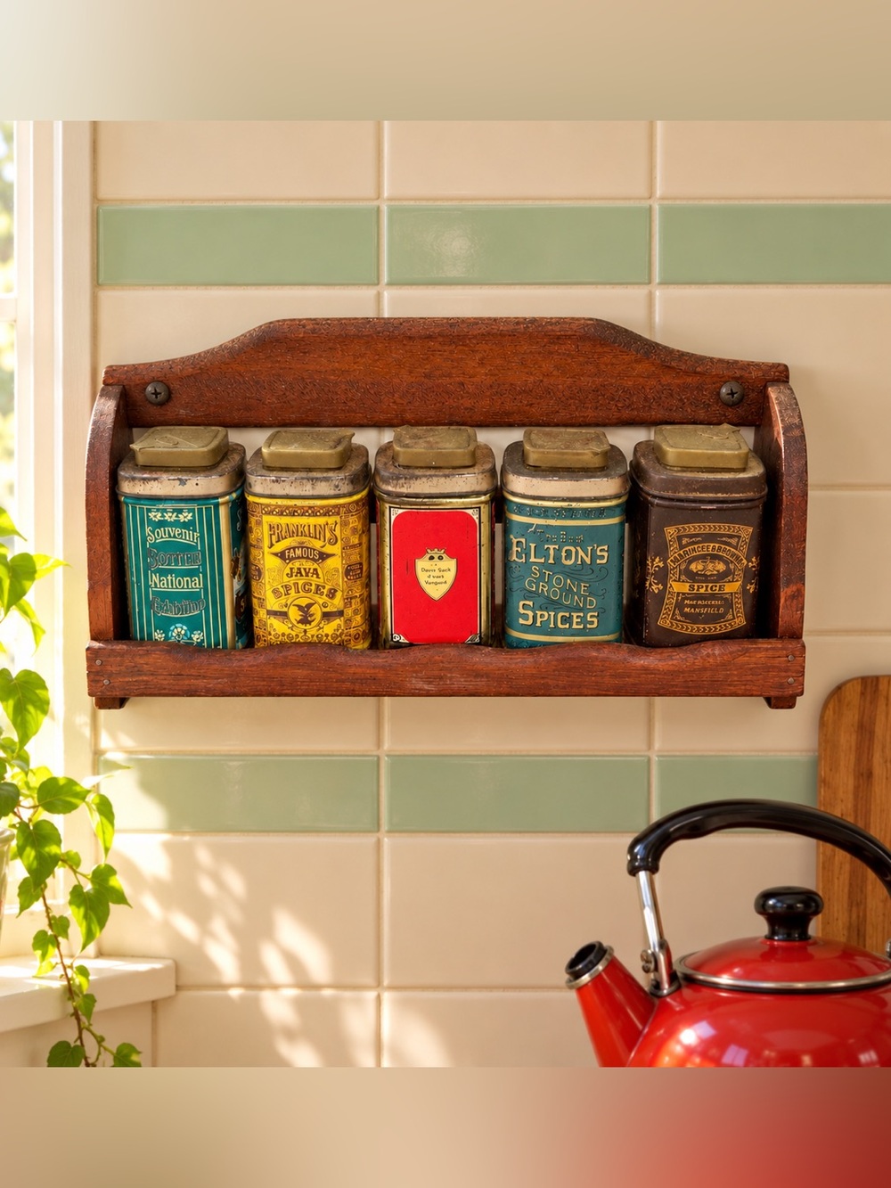 Vintage Old Fashioned Spice Tins Set of 5 Wood Wall Rack Retro Kitchen Decor